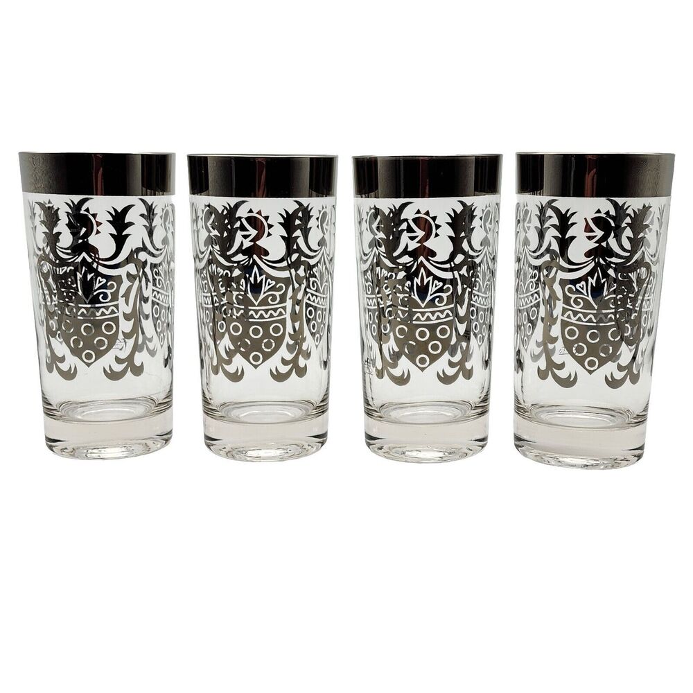 Lot of 4 Kimico Knight Glass Tumbler Platinum Trim Vintage 1960s